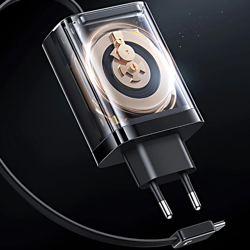 Фото СЗУ Usams US-CC296 GaN With Retractable Type-C Cable Xiang Ser. 30W (1USB-A/1C) (Black) в магазине vchehle.ua