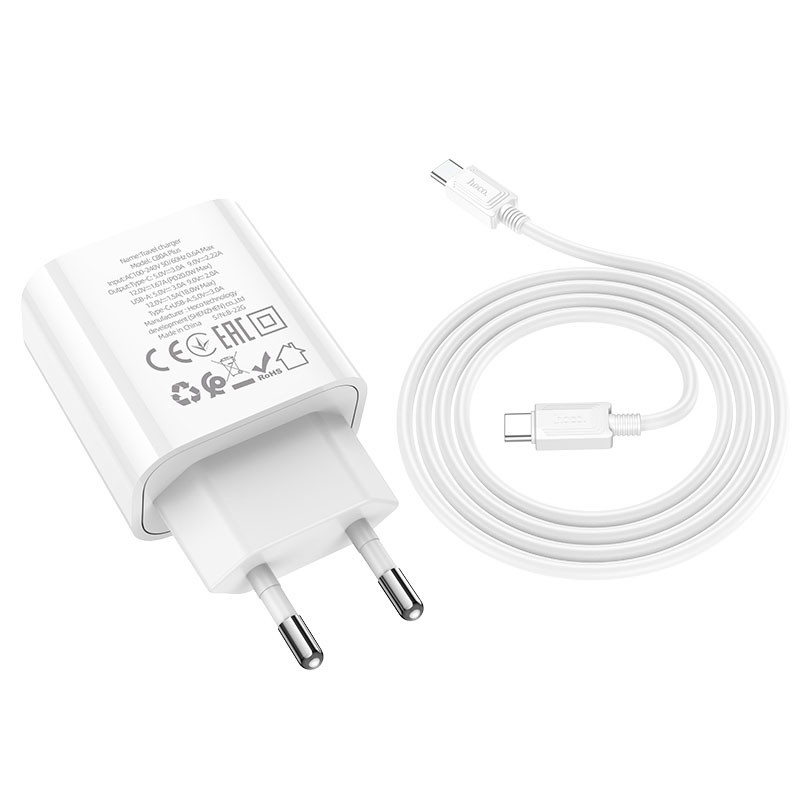 Купити МЗП Hoco C80A Plus Rapido PD20W+QC3.0 (1USB-A/1C) + кабель Type-C to Type-C (White) на vchehle.ua