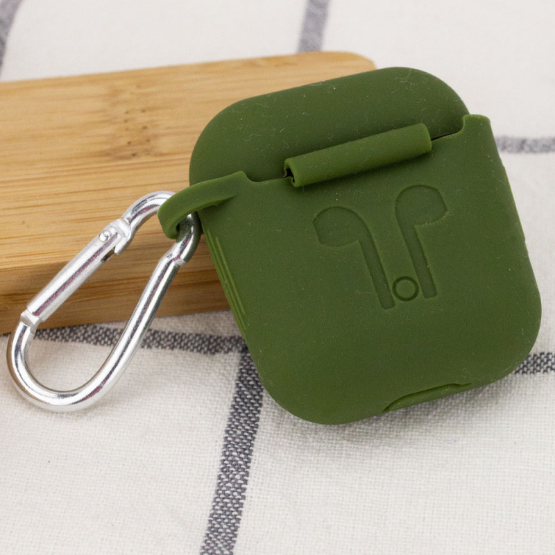 Фото Силиконовый футляр для наушников Airpods 1/2 Slim Logo + карабин (Зеленый / Dark Olive) в магазине vchehle.ua