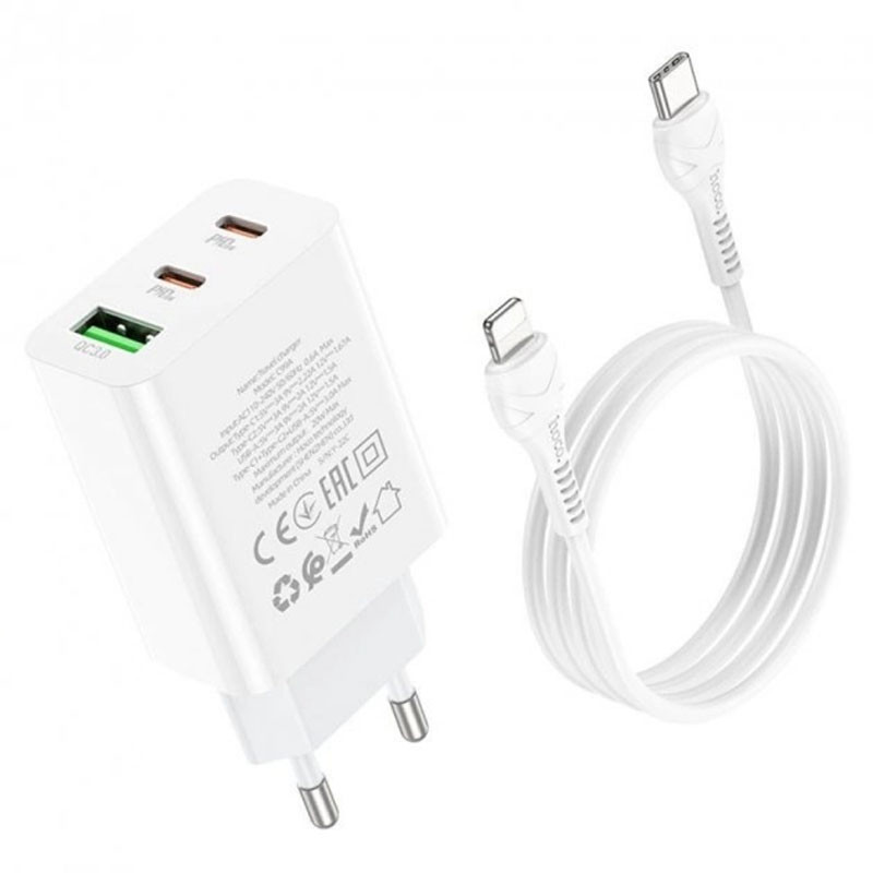 Фото СЗУ Hoco C99A PD20W+QC3.0 (1USB/2Type-C/3A) + Type-C to Lightning (White) в магазине vchehle.ua