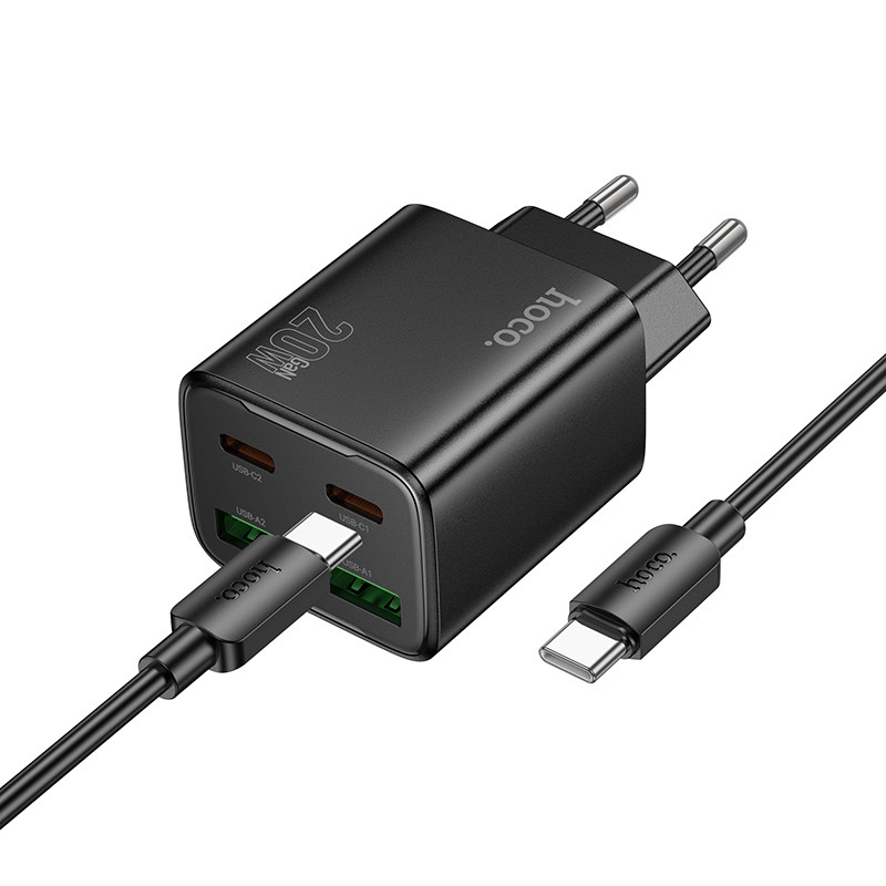 Фото СЗУ Hoco N55 Fundador PD20W+QC3.0 (2USB-A/2C) + кабель Type-C to Type-C (Black) на vchehle.ua