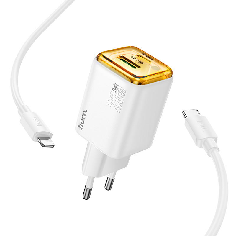 Фото СЗУ Hoco N52 Monsoon PD20W+QC3.0 (1USB-A/1C) + кабель Type-C to Lightning (White) на vchehle.ua