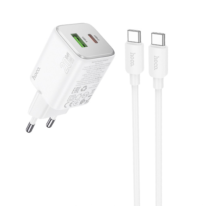 СЗУ Hoco N41 Almighty PD20W+QC3.0 (1USB-A/1C) + кабель Type-C to Type-C (White)