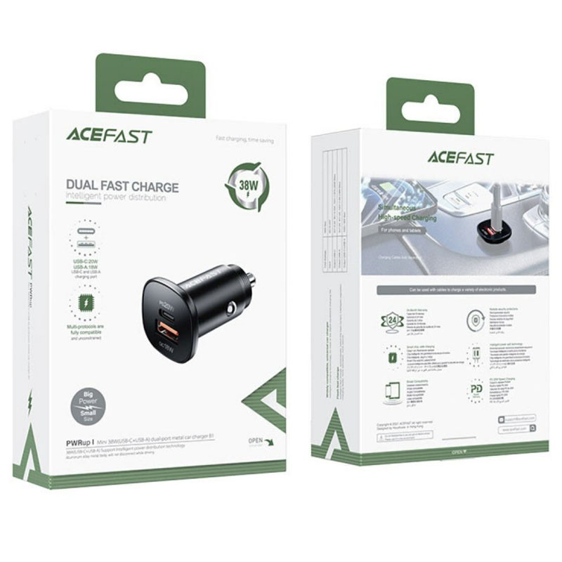 Купить АЗУ Acefast B1 mini 38W (USB-C+USB-A) dual-port metal car charger (Black) на vchehle.ua