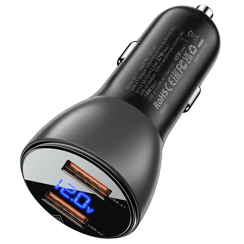 Фото АЗП Acefast B7 metal car charger 45W (USB-A+USB-A) with digital display (Transparent black) на vchehle.ua