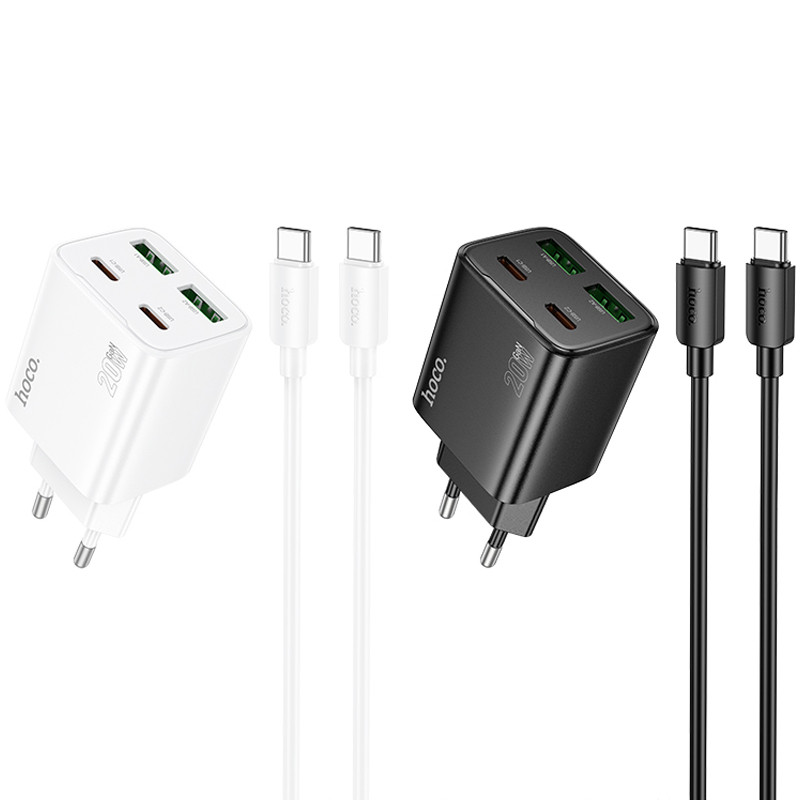 СЗУ Hoco N55 Fundador PD20W+QC3.0 (2USB-A/2C) + кабель Type-C to Type-C