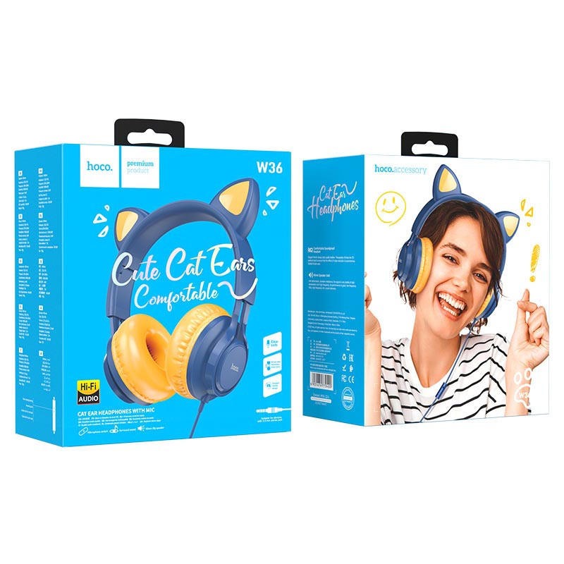Купити Уцінка Накладні навушники Hoco W36 Cat ear (3.5mm/1.2m) (Пошкоджене пакування / Midnight Blue) на vchehle.ua
