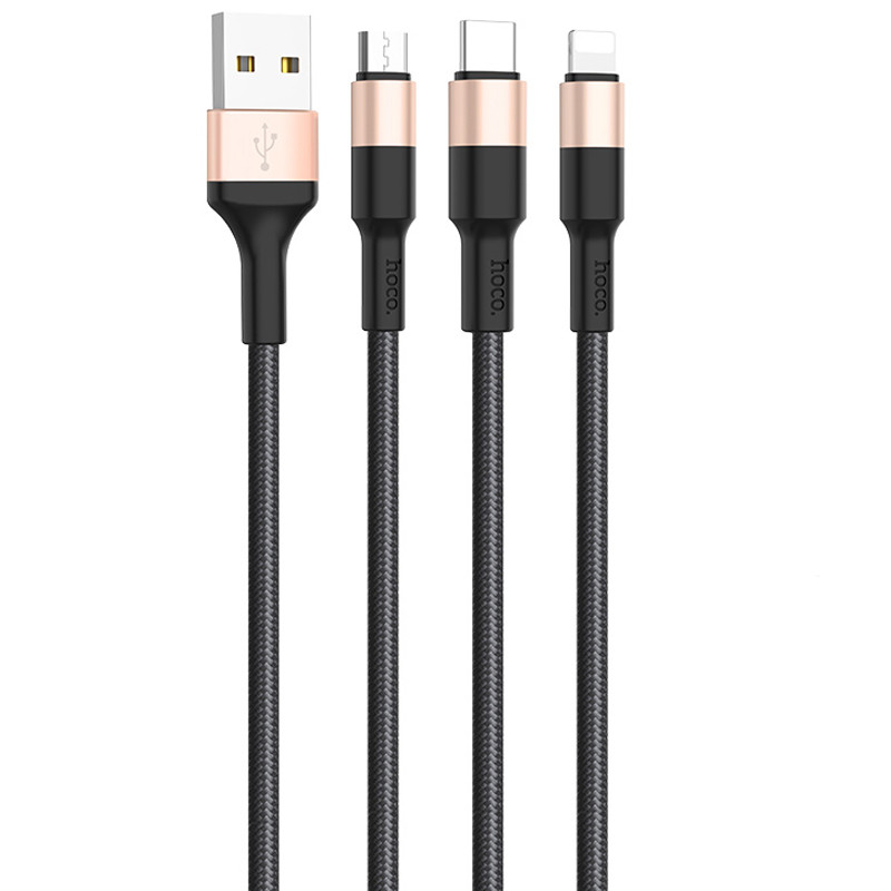 Фото Дата кабель Hoco X26 Xpress 3in1 Lightning -MicroUSB-Type-C (1m) (Чорний / Золотий) в маназині vchehle.ua