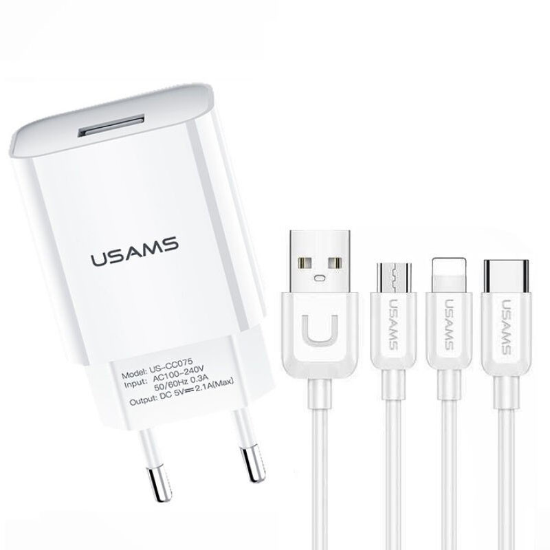 

МЗП USAMS-LT T18 Single USB Travel Charger (EU) +3IN1 Charging Cable-U Turn Series (Білий) 1179496