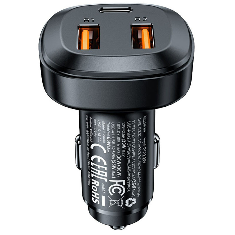 АЗУ Acefast B9 three port metal car charger 66W (2USB-A/1C) (Black)