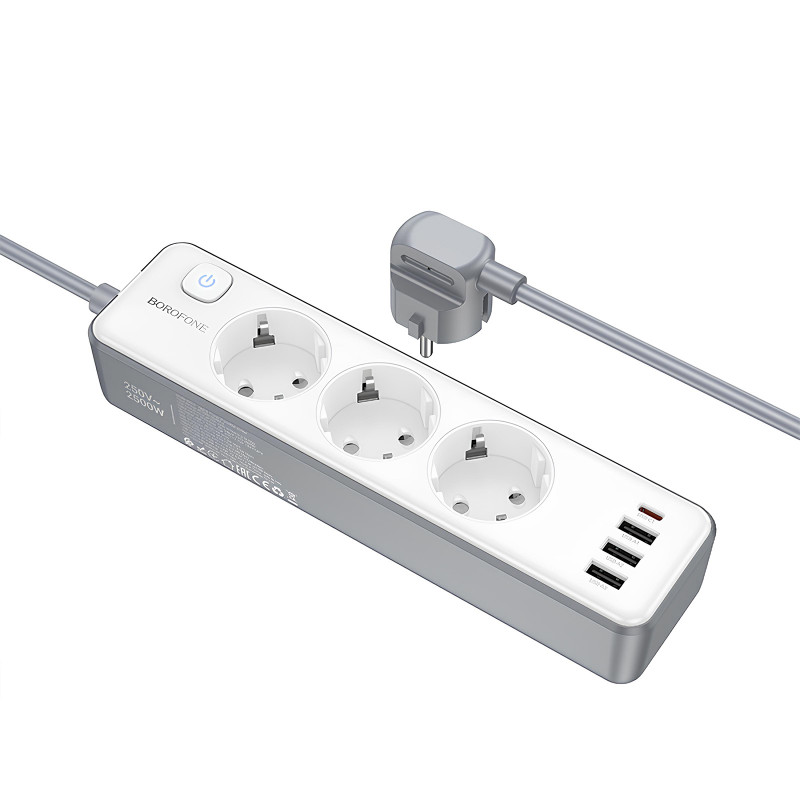 Фото Удлинитель Borofone BAC9 Power PD20W (3USB-A/1C/3xSocket) (2m) (White) на vchehle.ua