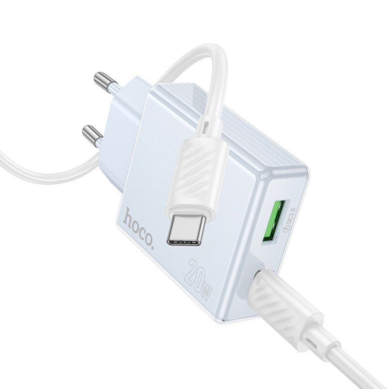 Фото СЗУ Hoco C142A Direct PD20W+QC3.0 (1USB-A/1C) + кабель Type-C to Type-C (Blue) на vchehle.ua