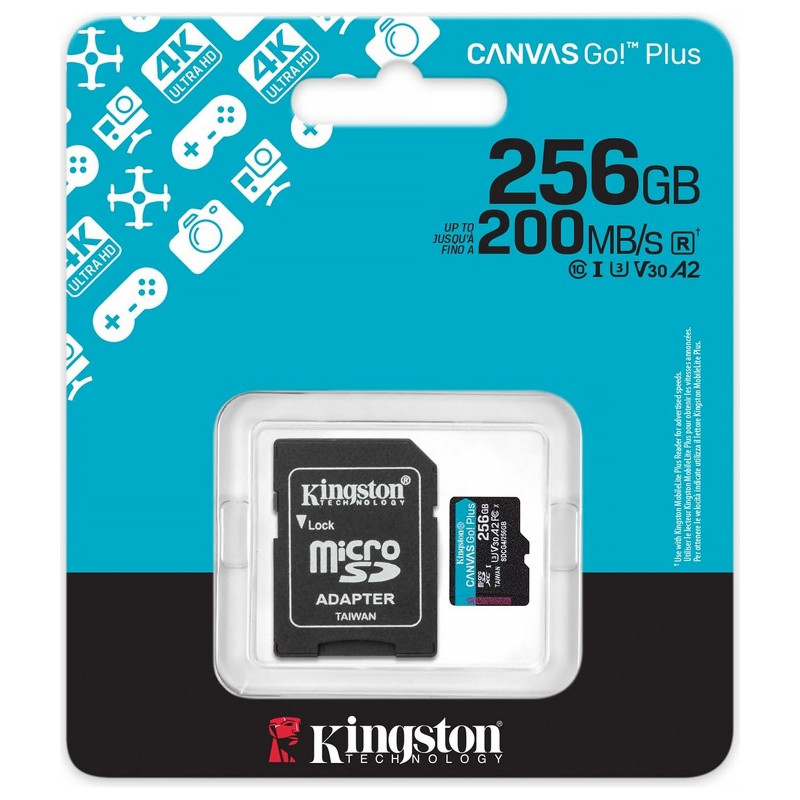 Фото Карта пам'яті Kingston Canvas GP (UHS-3, R200MB/s W160MB/s) C-10 A2 V30 – 256GB (з адаптером) (SDCG4) (Black) в маназині vchehle.ua
