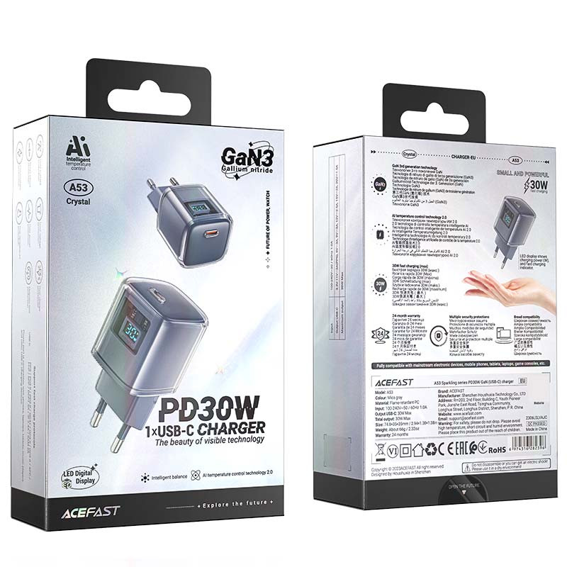 Купити МЗП Acefast A53 Sparkling series PD30W GaN (USB-C) (Mica gray) на vchehle.ua