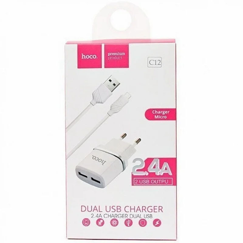 Фото МЗП Hoco C12 Charger + Cable (Micro) 2.4A 2USB (Білий) в маназині vchehle.ua