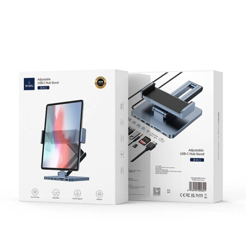 Замовити Підставка для планшетів+HUB WIWU AH801 Adjustable 8in1 (USB-C to HDMI+2xUSB-A+2xUSB-C+SD/TF+3.5mm) (Gray) на vchehle.ua
