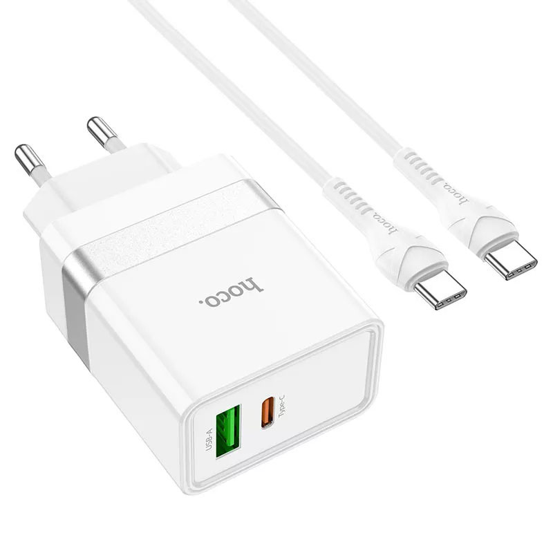 Фото СЗУ Hoco N21 Topspeed PD30W+QC3.0 (1USB/1Type-C/3A) + Type-C + Type-C (White) на vchehle.ua