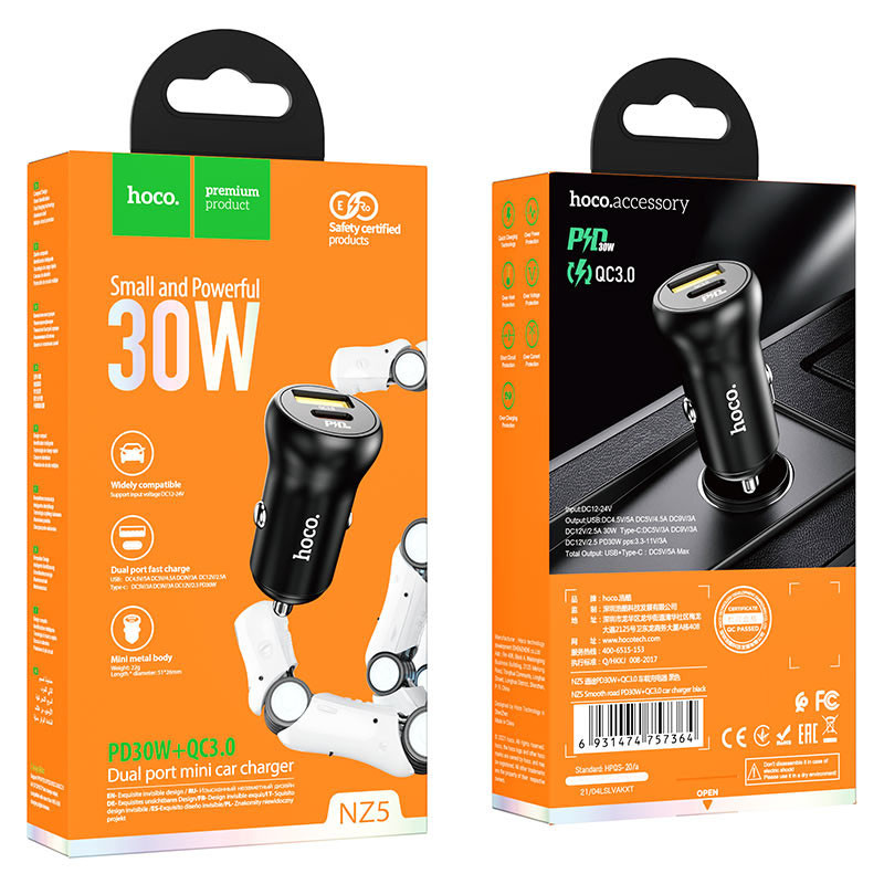 Замовити АЗП Hoco NZ5 Smooth road PD30W+QC3.0 (1USB-A/1C) (Чорний) на vchehle.ua
