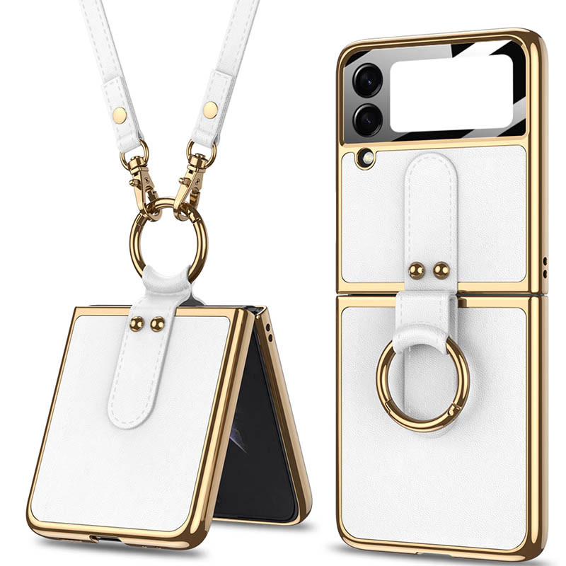 Кожаный чехол GKK with ring and strap для Samsung Galaxy Z Flip4 (White)