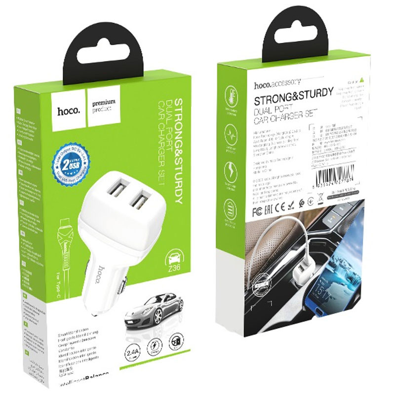 Фото АЗП  Hoco Z36 Leader 2.4A (2USB-A) + кабель USB to Type-C (Білий) в маназині vchehle.ua
