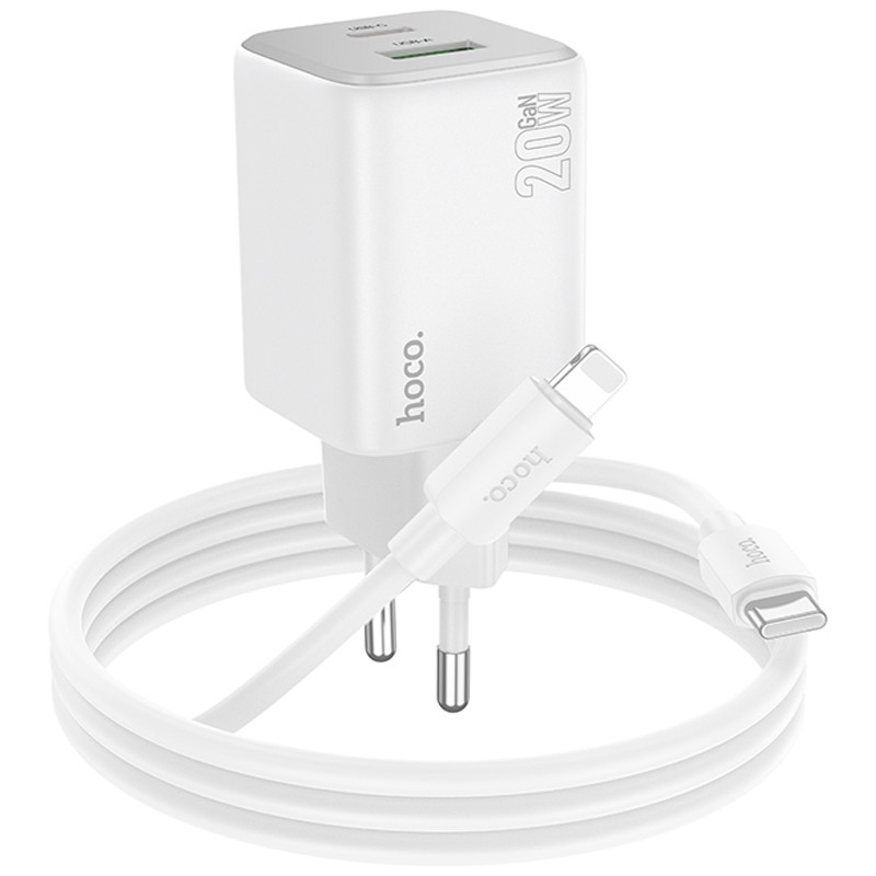 Фото СЗУ Hoco N41 Almighty PD20W+QC3.0 (1USB-A/1C) + кабель Type-C to Lightning (White) в магазине vchehle.ua