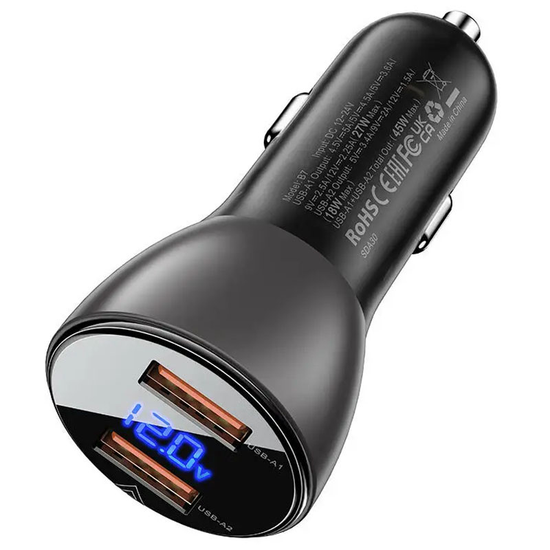 Фото АЗП Acefast B7 metal car charger with digital display 45W (2USB-A) (Transparent black) на vchehle.ua