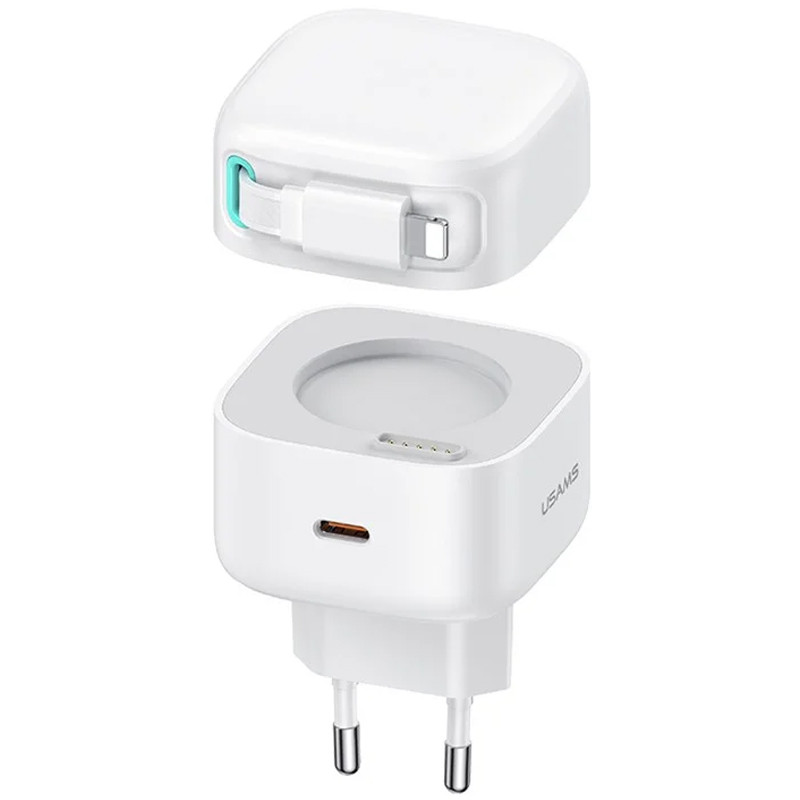 МЗП Usams US-CC209 GaN With Lightning Magnetic Retractable Cable Module XMF Ser. 35W (2USB-C) (White)