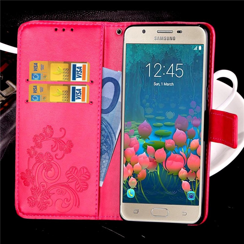 Фото Кожаный чехол (книжка) Four-leaf Clover с визитницей для Samsung J500H Galaxy J5 (Розовый) на vchehle.ua