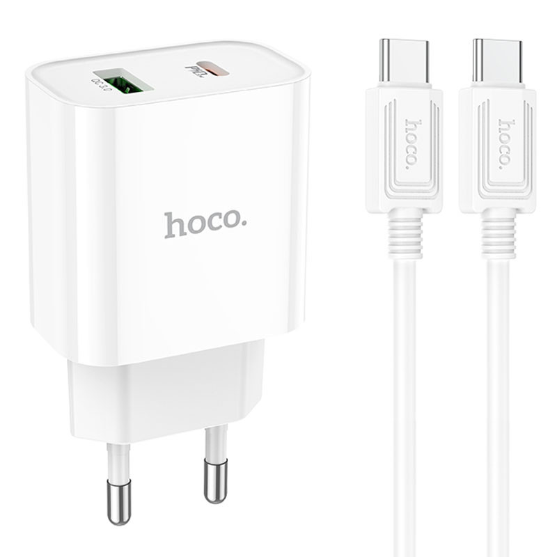 СЗУ Hoco C80A Plus Rapido PD20W+QC3.0 (1USB-A/1C) + кабель Type-C to Type-C (White)