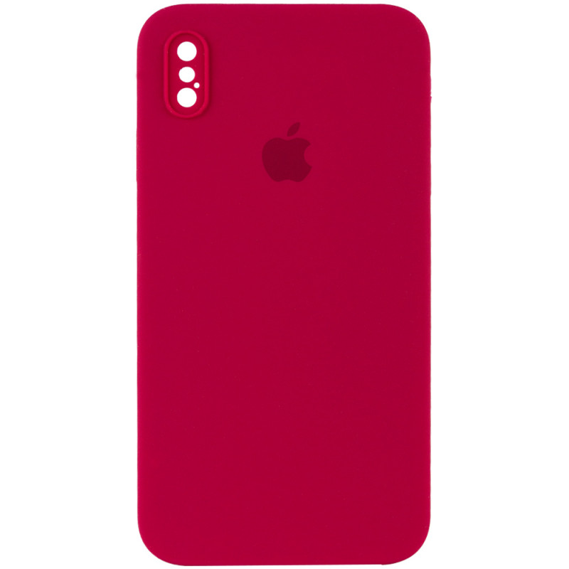 Чехол Silicone Case Square Full Camera Protective (AA) для Apple iPhone XS / X (5.8") (Красный / Rose Red)