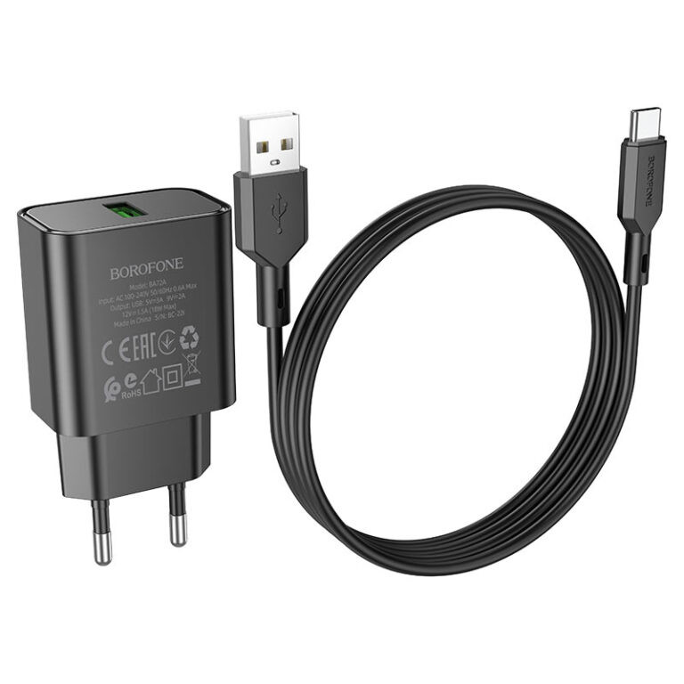 Фото МЗП Borofone BA72A Spring QC3.0 (1USB-A) + кабель USB to Type-C (Black) в маназині vchehle.ua