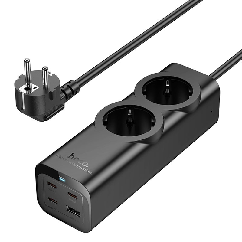 Фото Удлинитель Hoco NS10 Wisdom 2-position PD67W (1USB-A/1C/2Socket) (2m) (Black) в магазине vchehle.ua