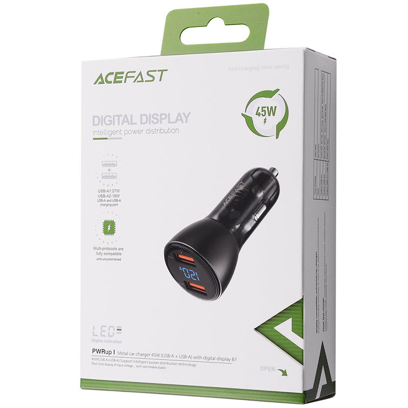 АЗП Acefast B7 metal car charger 45W (USB-A+USB-A) with digital display (Transparent black) в магазині vchehle.ua