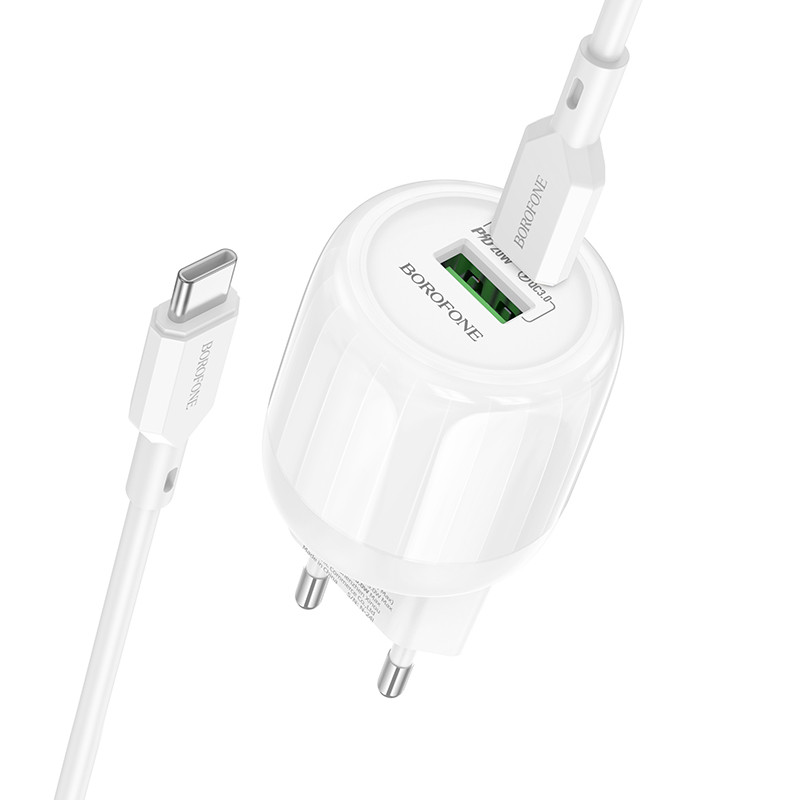МЗП Borofone BA93A Lustrous PD20W+QC3.0 (1USB-A/1C) + кабель Type-C to Type-C (White)