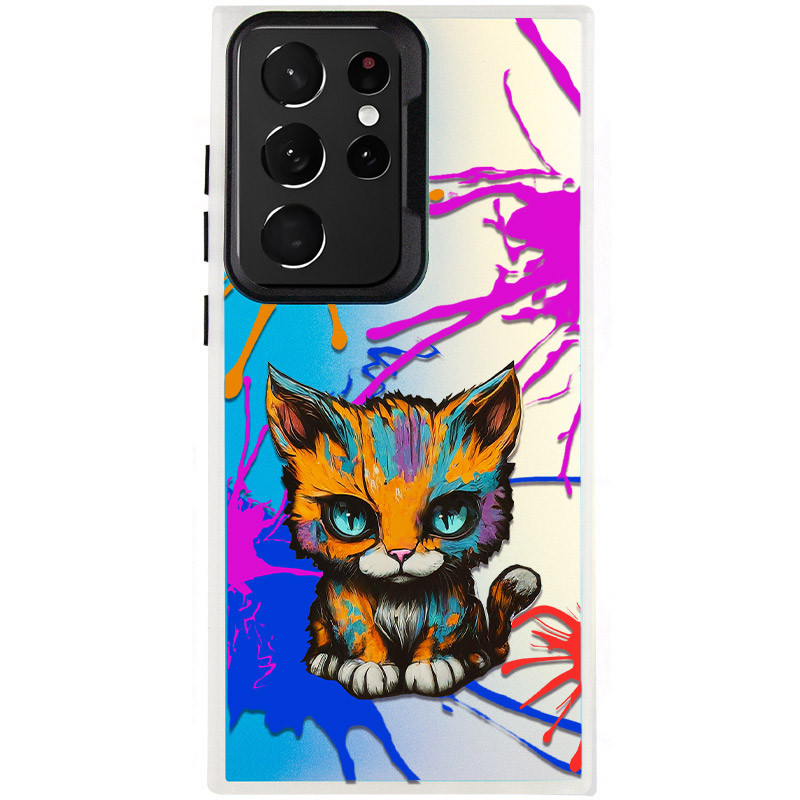 TPU+PC чехол TakiTaki Graffiti magic glow для Samsung Galaxy S21 Ultra (Dark cat / Pink / Purple)