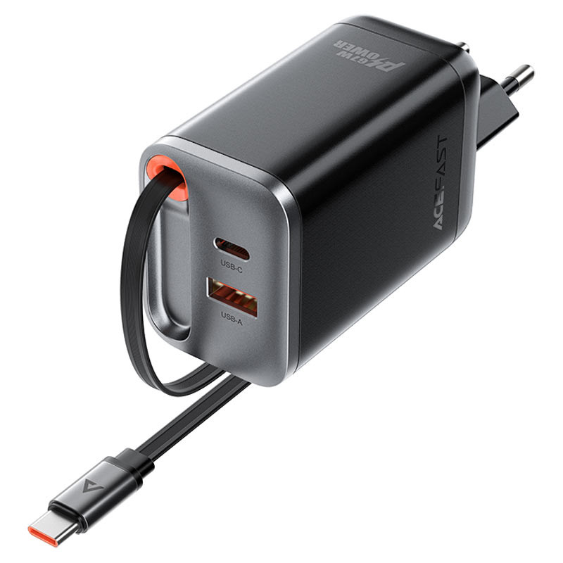 Фото СЗУ Acefast A111 GaN With Retractable Cable Type-C PD67W (1USB-A/1C) (Black) в магазине vchehle.ua
