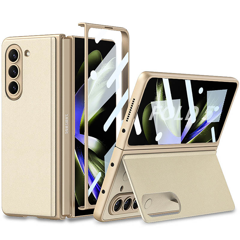 Кожаный чехол GKK 360 + Glass с подставкой для Samsung Galaxy Z Fold5 (Champagne)