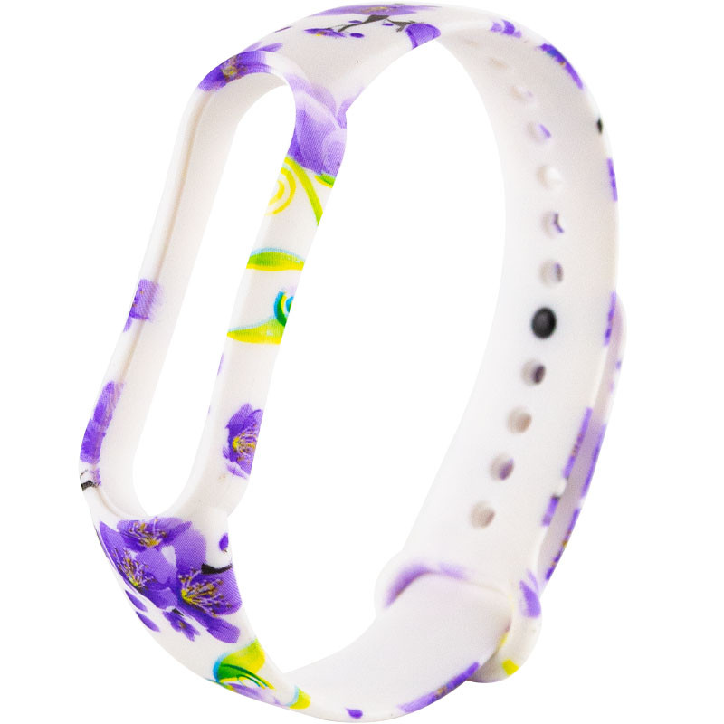 Силиконовый ремешок с рисунком для Xiaomi Mi Band 5 / 6 (Фиалки / Белый)