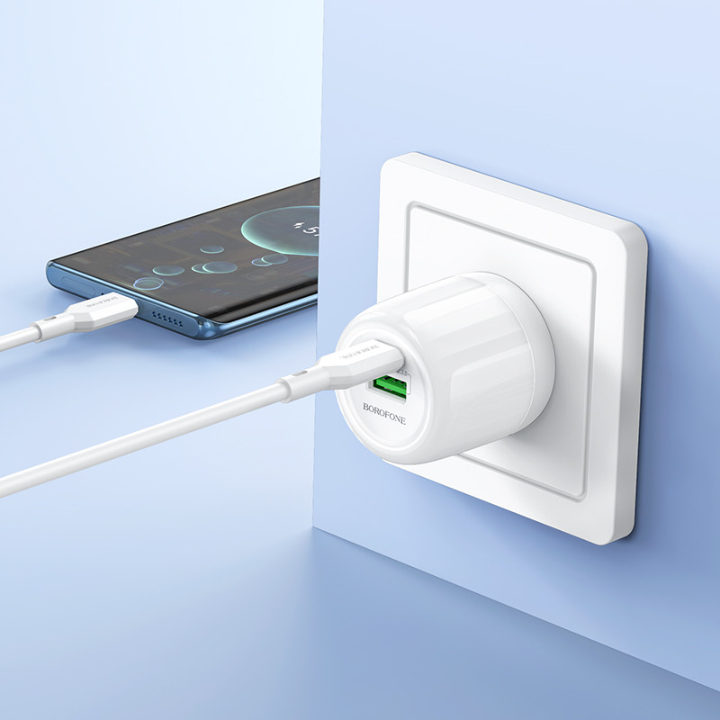 МЗП Borofone BA93A Lustrous PD20W+QC3.0 (1USB-A/1C) + кабель Type-C to Type-C (White) в магазині vchehle.ua