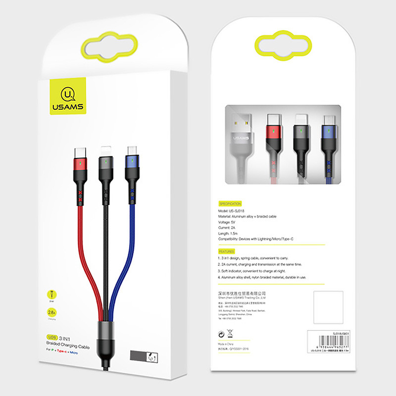 Заказать Дата кабель Usams US-SJ410 U26 3in1 USB to Combo 2A (0.35m) (Черный) на vchehle.ua