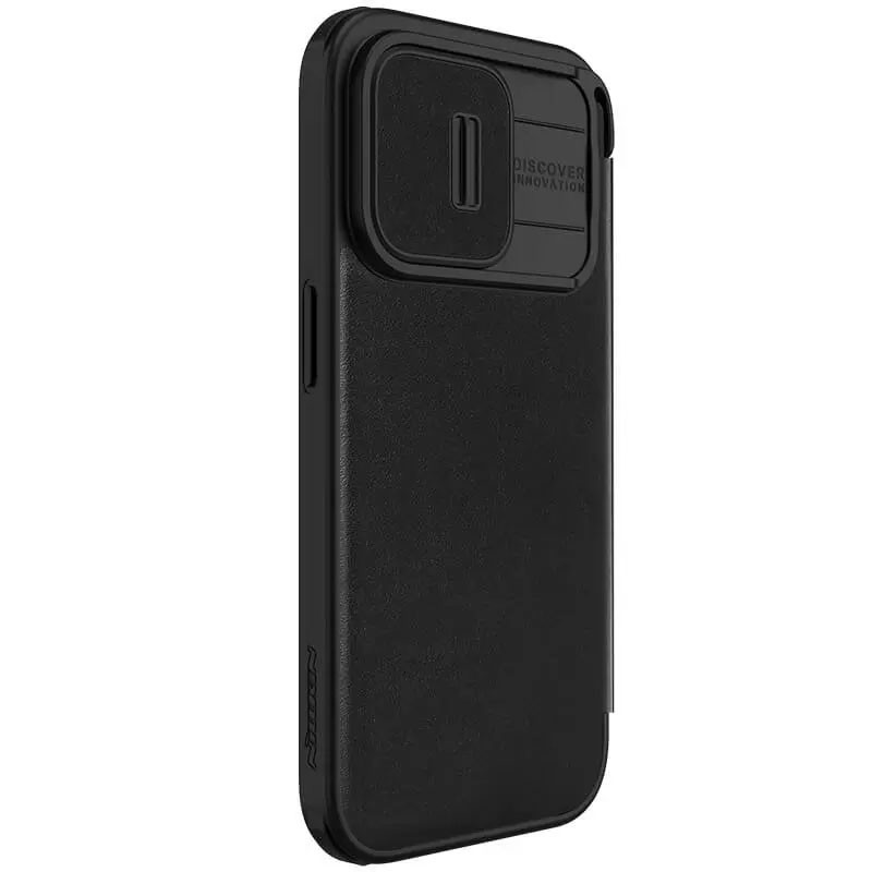 Фото Кожаный чехол (книжка) Nillkin Qin Pro Plain Camshield для Apple iPhone 15 Pro (6.1") (Черный) в магазине vchehle.ua