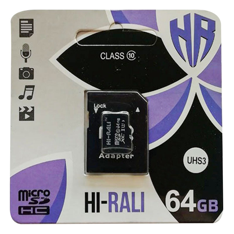 

Карта пам'яті Hi-Rali microSDHC 64 GB Card Class 10 + SD adapter (Чорний) 1102048