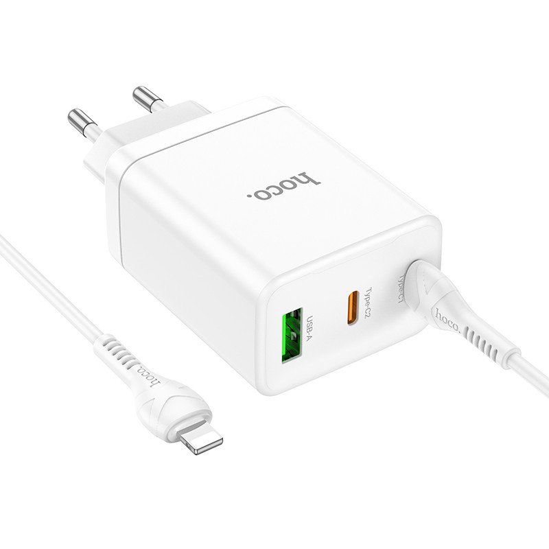 Фото СЗУ Hoco N33 Start PD35W+QC3.0 (1USB-A/2C) + кабель Type-C to Lightning (White) в магазине vchehle.ua