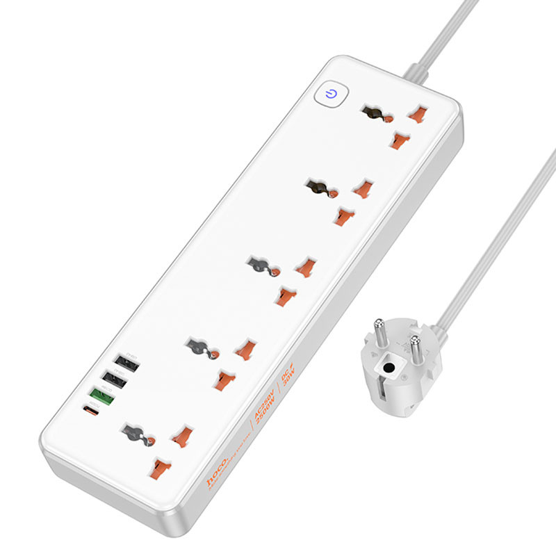 Подовжувач Hoco AC14A Rico PD30W (3USB-A/1C/5xSocket) (1.5m) (White) в магазині vchehle.ua