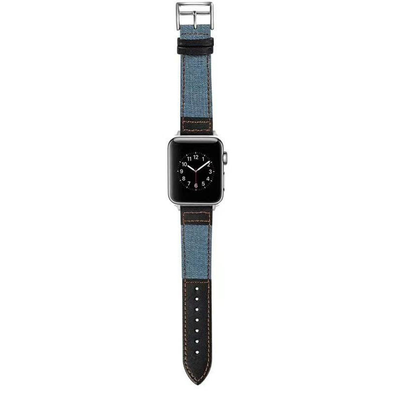 Ремешок джинс+кожа для Apple Watch 42/44mm (Голубой / Черный)