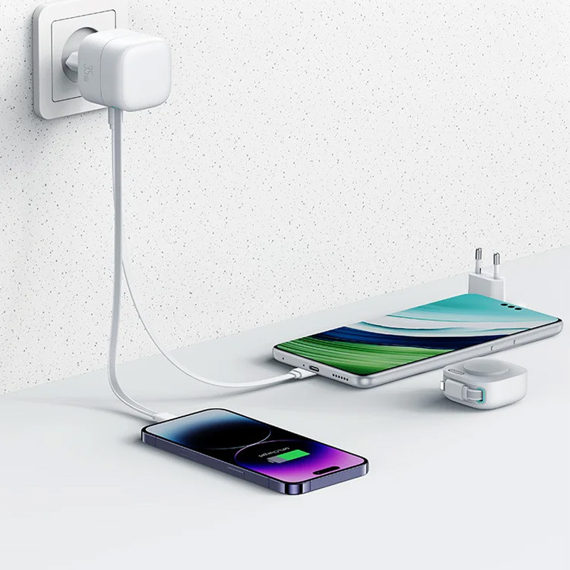 Фото МЗП Usams US-CC209 GaN With Lightning Magnetic Retractable Cable Module XMF Ser. 35W (2USB-C) (White) в маназині vchehle.ua