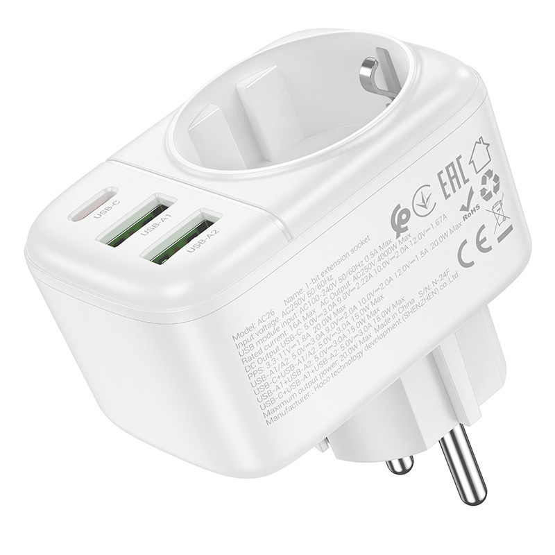Фото СЗУ Hoco AC26 Changer Outlet Extender 20W (2USB-A/1C/1Socket) (White) в магазине vchehle.ua