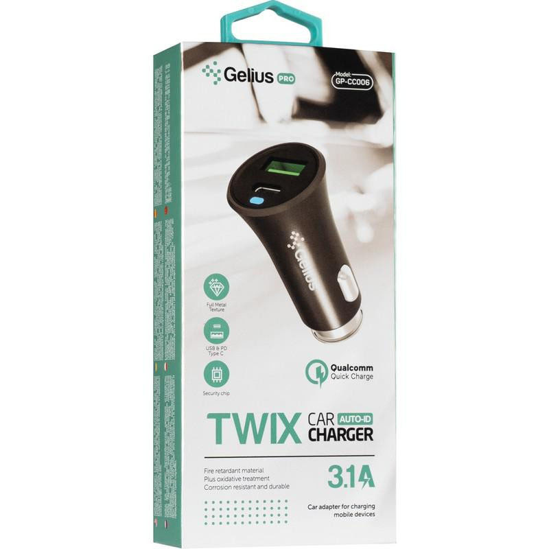Купити АЗП Gelius Pro Twix GP-CC006 USB+Type-C (QC/PD18W) (Чорний) на vchehle.ua