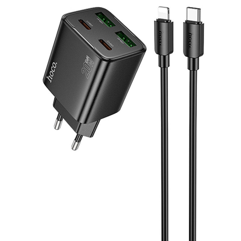 СЗУ Hoco N55 Fundador PD20W four-port (2USB-A/2C) + кабель Type-C to Lightning (Black)