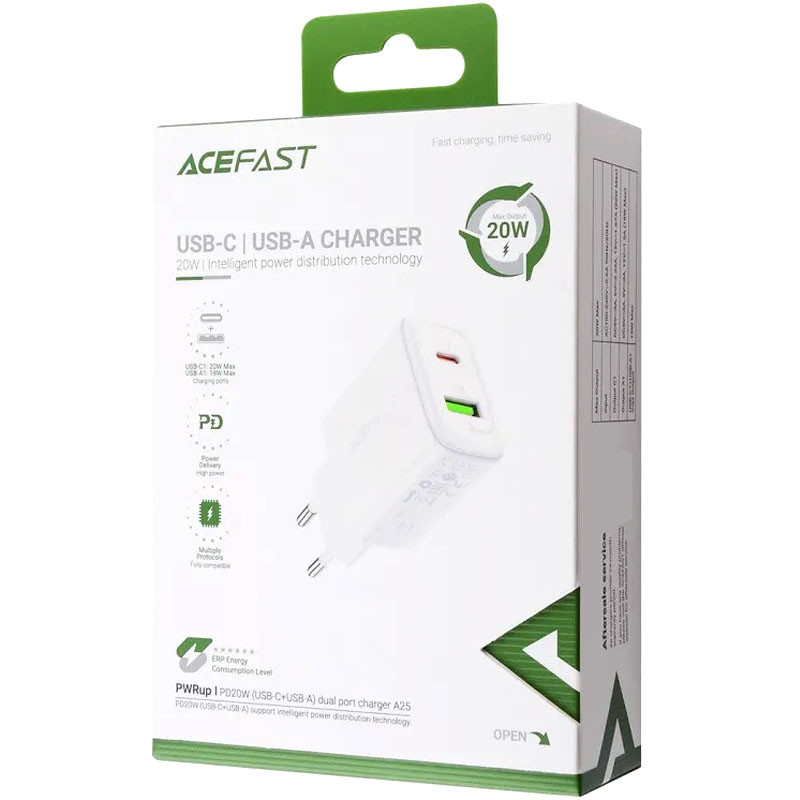 СЗУ Acefast A25 PD20W (USB-C+USB-A) dual port (White) в магазине vchehle.ua